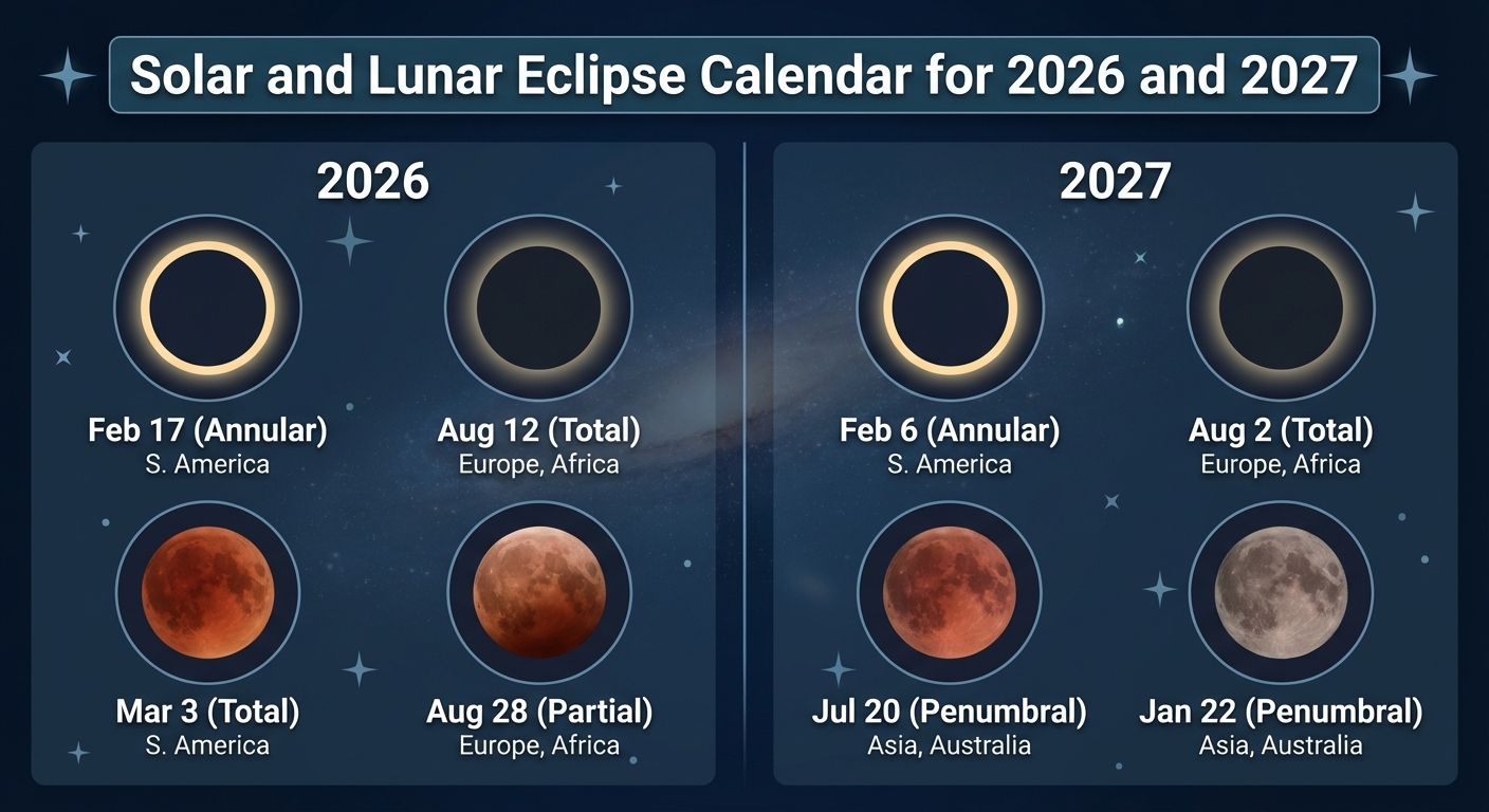 Solar and Lunar Eclipse Calendar for 2026 and 2027